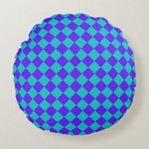 Purple Teal Chequered Diamond Pattern Round Cushion