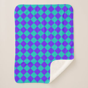 Purple Teal Chequered Diamond Pattern Sherpa Blanket