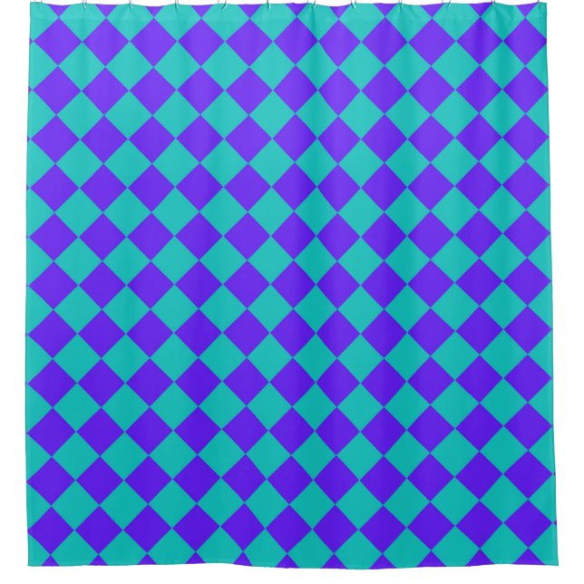 Purple Teal Chequered Diamond Pattern  Shower Curtain (Front)