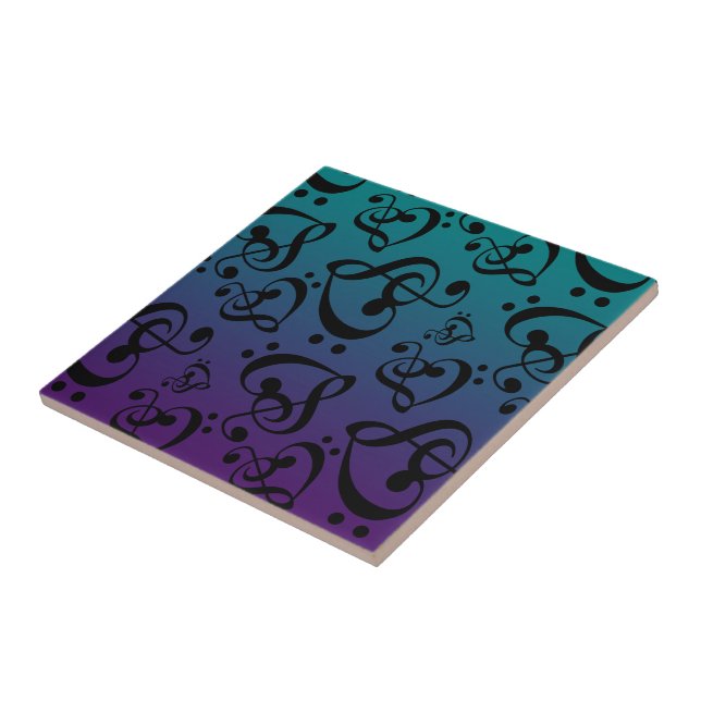 Purple Teal Clef Hearts Music Notes Pattern Ceramic Tile (Side)