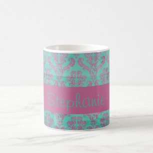 Purple Teal Damask Custom Name Mug