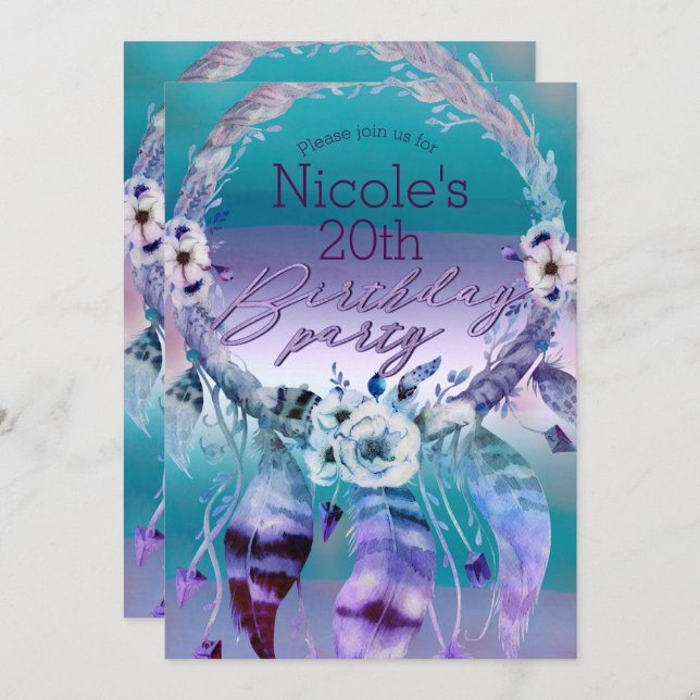 Purple & Teal Dream Catcher Boho Birthday Party Invitation (Front/Back)