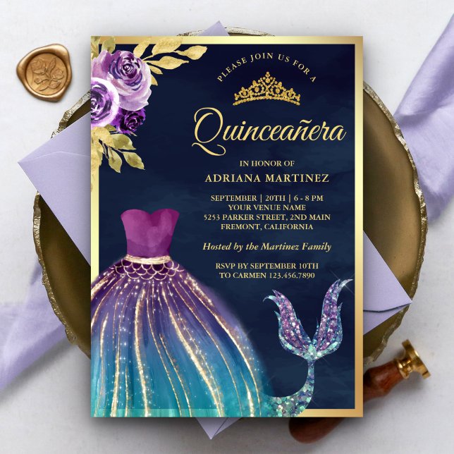 Purple Teal Dress Mermaid Tail Navy Quinceanera Invitation (Creator Uploaded)