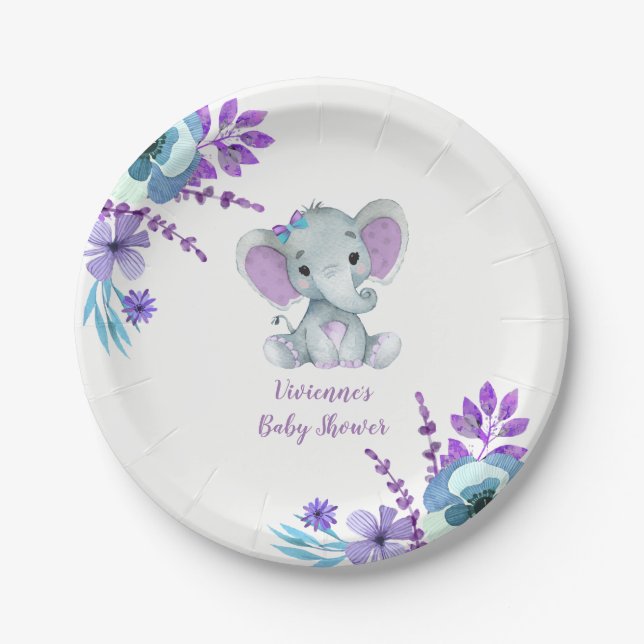 Purple Teal Elephant Plate 4 Baby Shower, Birthday (Front)