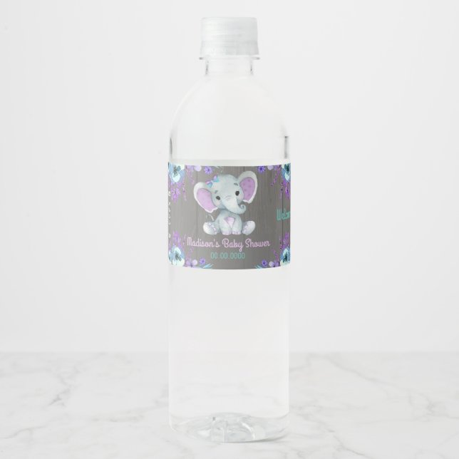 Purple Teal Elephant water bottle label for girl (Front)