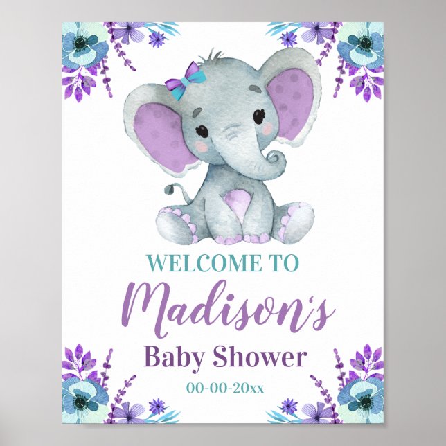 Purple Teal Elephant Welcome Sign, Girl Shower Poster (Front)