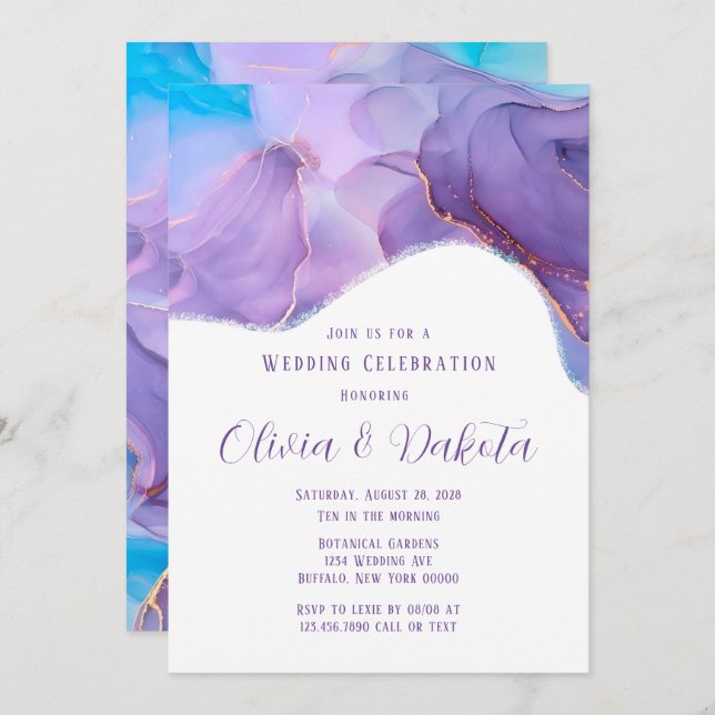 Purple Teal Ethereal Alcohol Ink Wedding Invitatio Invitation (Front/Back)
