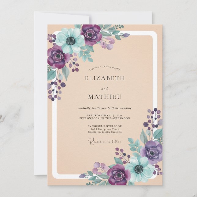 Purple Teal Ethereal Bloom Wedding Invitation (Front)