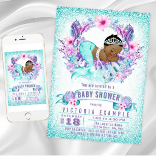 Purple Teal Ethnic Mermaid Baby Shower Invitation
