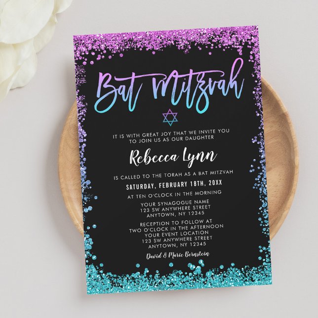 Purple Teal Faux Glitter Bat Mitzvah Invitation (Creator Uploaded)