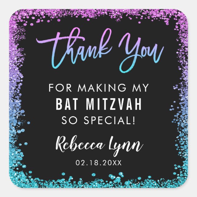 Purple Teal Faux Glitter Bat Mitzvah Square Sticker (Front)