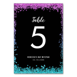 Purple Teal Faux Glitter Bat Mitzvah Table Number