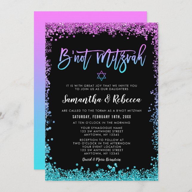 Purple Teal Faux Glitter B'not Mitzvah Invitation (Front/Back)
