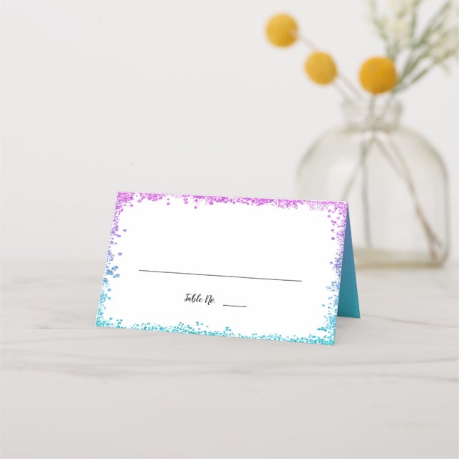 Purple Teal Faux Glitter Folded Place Card (Front)