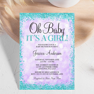 Purple Teal Faux Glitter Lights Girl Baby Shower Invitation