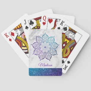 Purple & Teal Faux Glitter Mandala on Grey Marble Playing Cards