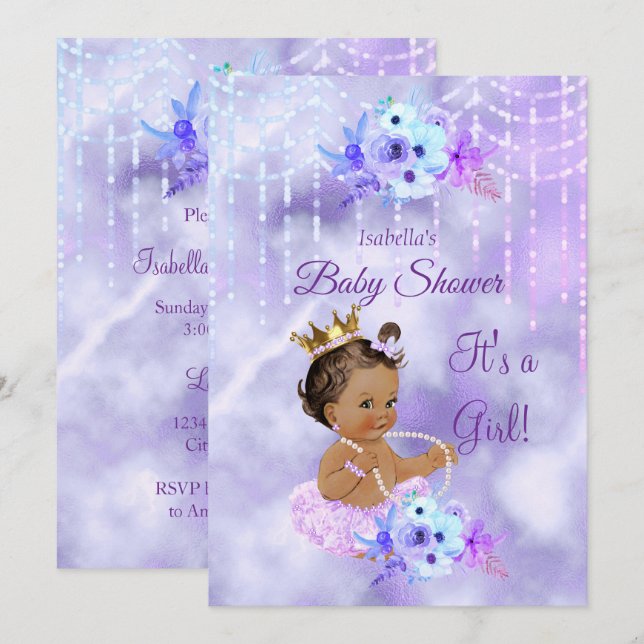 Purple Teal floral Girl Baby Shower dark Brunette Invitation (Front/Back)