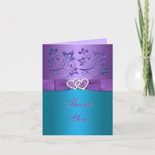 Purple, Teal Floral, Hearts PHOTO Thank You Card