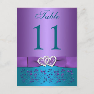 Purple, Teal Floral, Hearts Table Number Card