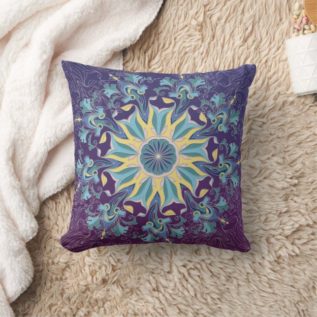 Purple & Teal Floral Mandala Throw Pillow (Blanket)