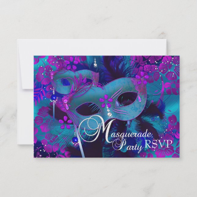 Purple & Teal Floral Masquerade Party RSVP Card (Front)