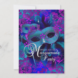 Purple & Teal Floral Masquerade Sweet 16 Invite