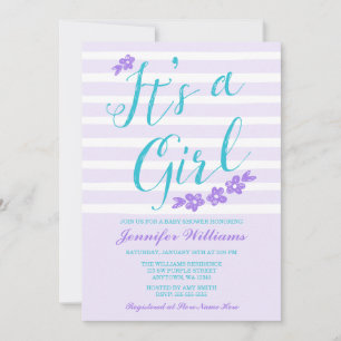 Purple Teal Flower Stripes Baby Shower Invitations