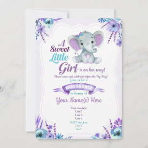 Purple Teal girl elephant invitation baby shower