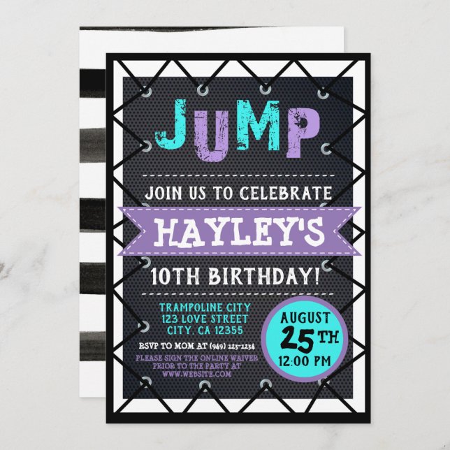 Purple & Teal Girls Jump & Play Trampoline Park Invitation (Front/Back)