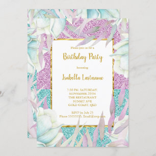 Purple Teal Glitter Floral Gold Birthday Party Invitation