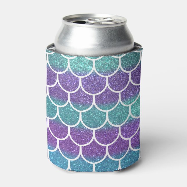 Purple Teal Glitter Mermaid Scallop Scale Pattern Can Cooler (Can Front)