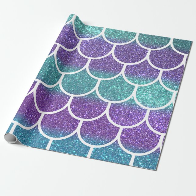 Purple Teal Glitter Mermaid Scallop Scales Wrapping Paper (Unrolled)