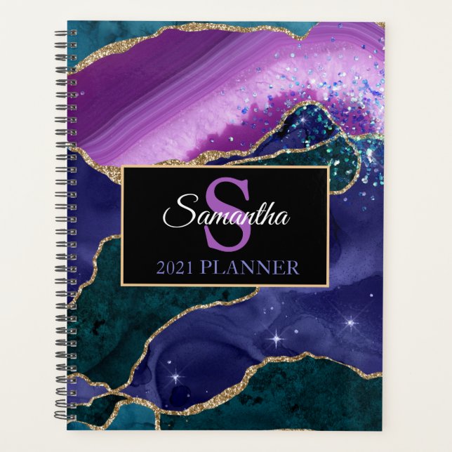 Purple Teal Gold Agate Monogram Modern Luxury Planner (Front)