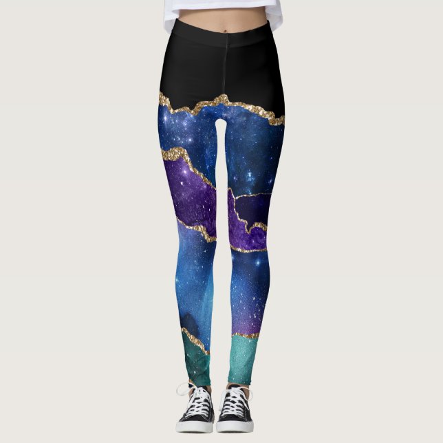 Purple Teal Gold Glitter Marble Leggings (Front)