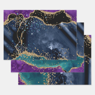 Purple & Teal & Gold Glitter Peacock Agate Wrapping Paper Sheet