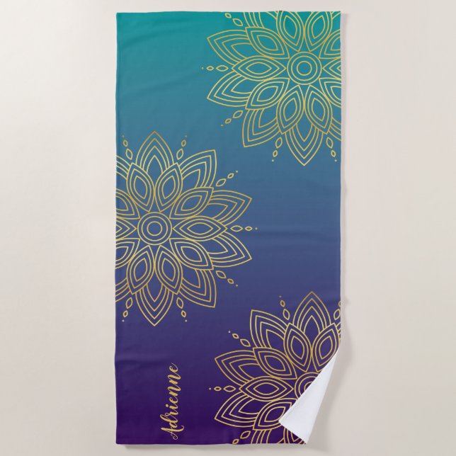 Purple Teal Gradient Faux Gold Mandala Beach Towel (Front)