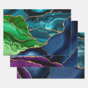 Purple & Teal & Green & Gold Glitter Peacock Agate Wrapping Paper Sheet