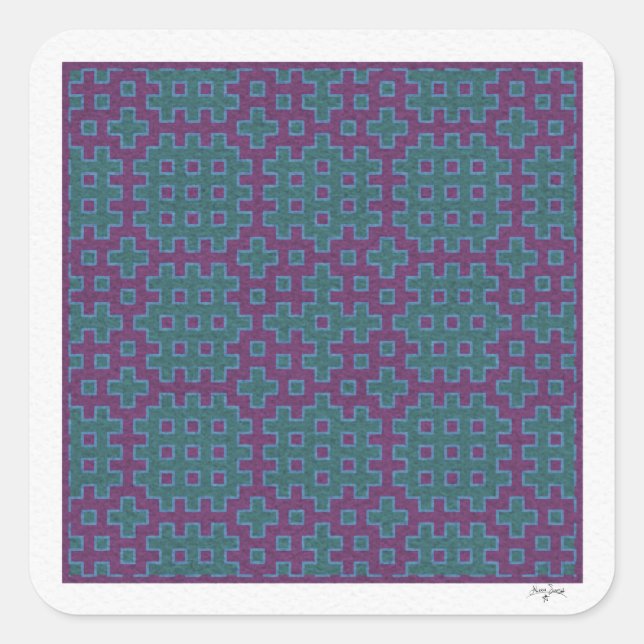purple & teal Hitomezashi geometric tile Square Sticker (Front)