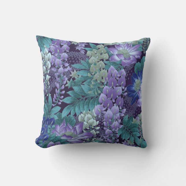 Purple & Teal Jungle Flowers Cushion (Front)