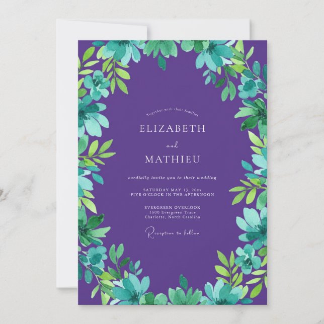 Purple Teal Leafy Wedding Invitation (Front)