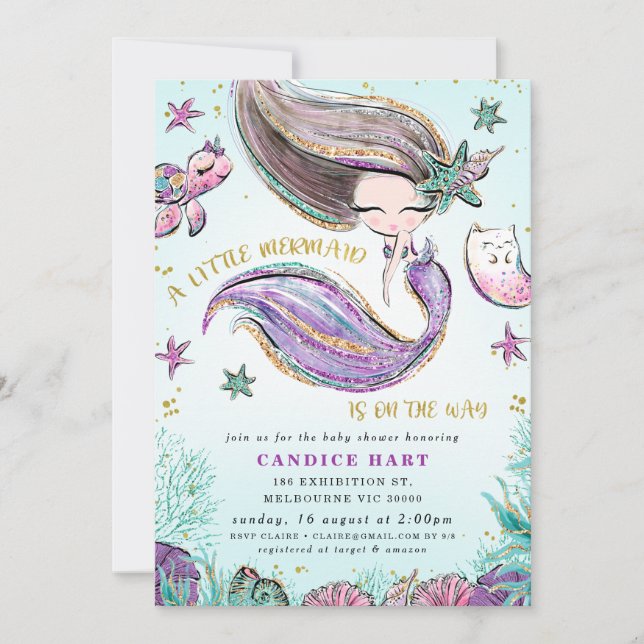 Purple Teal Little Mermaid Baby Shower  Invitation (Front)