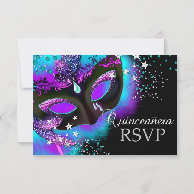 Purple & Teal Masquerade Quinceanera RSVP (Front)