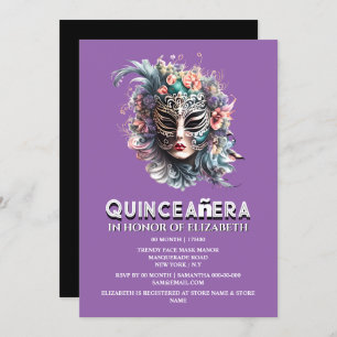 Purple teal masquerade theme quinceanera birthday invitation