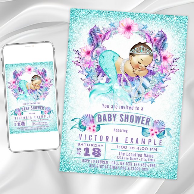 Purple Teal Mermaid Baby Shower Invitations (Cute mermaid baby shower invitation. Instant download and printed invitations available.)