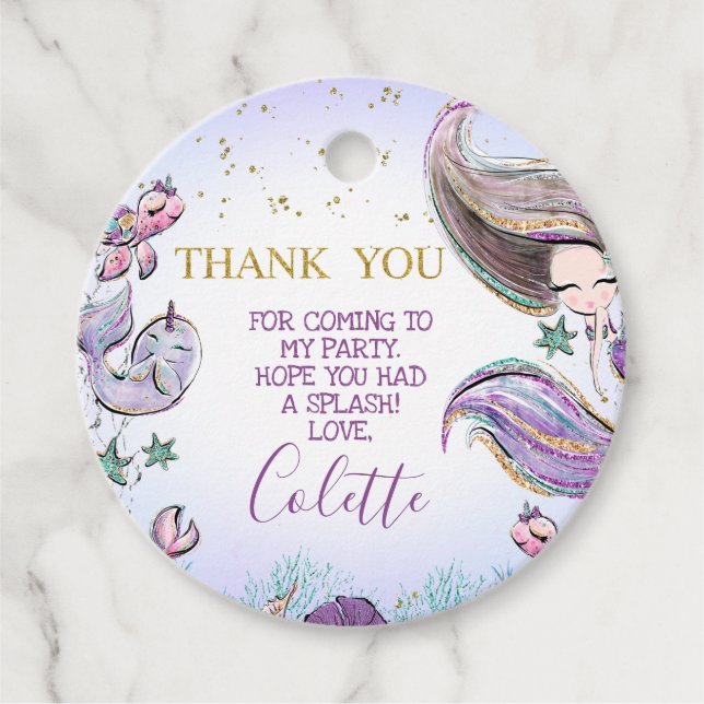 Purple Teal Mermaid Birthday Favor Round Tag (Front)