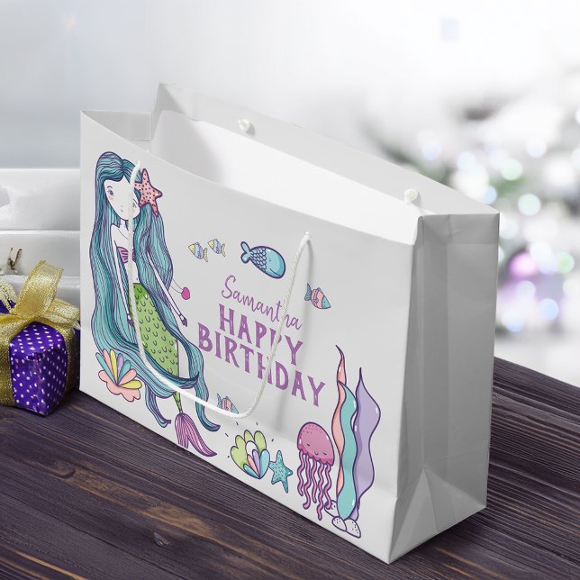 Purple Teal Mermaid Happy Birthday Personalised Large Gift Bag (Purple Teal Mermaid Happy Birthday Personalized Large Gift Bag)