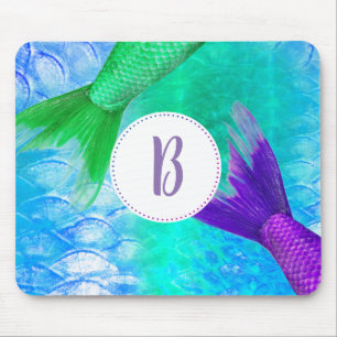Purple & Teal Mermaid Tails & Scales Monogram Mouse Pad
