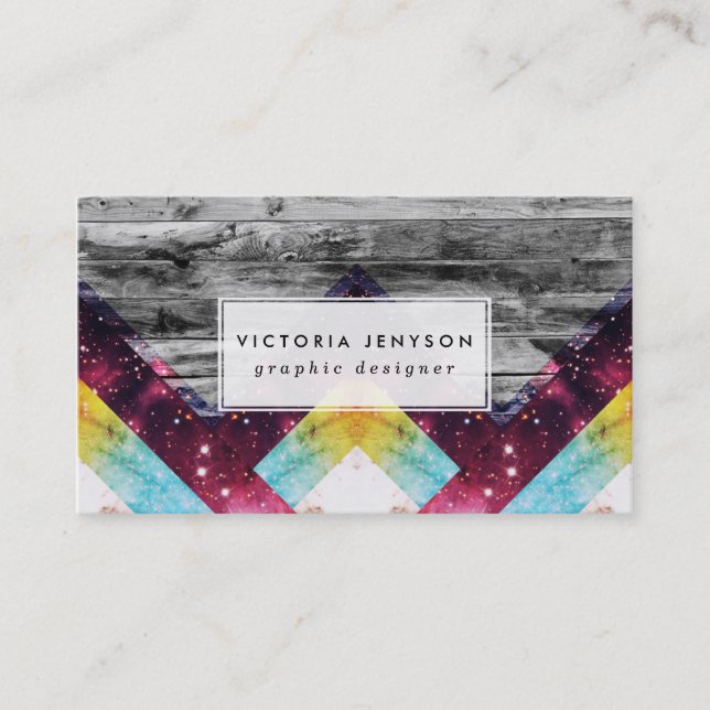 Purple Teal Nebula Geo Triangles Grey Stripes Wood Business Card (Front)