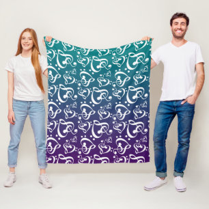 Purple Teal Ombre Clef Hearts Music Notes Pattern Fleece Blanket