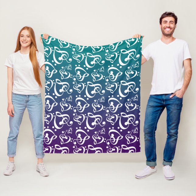 Purple Teal Ombre Clef Hearts Music Notes Pattern Fleece Blanket (In Situ)